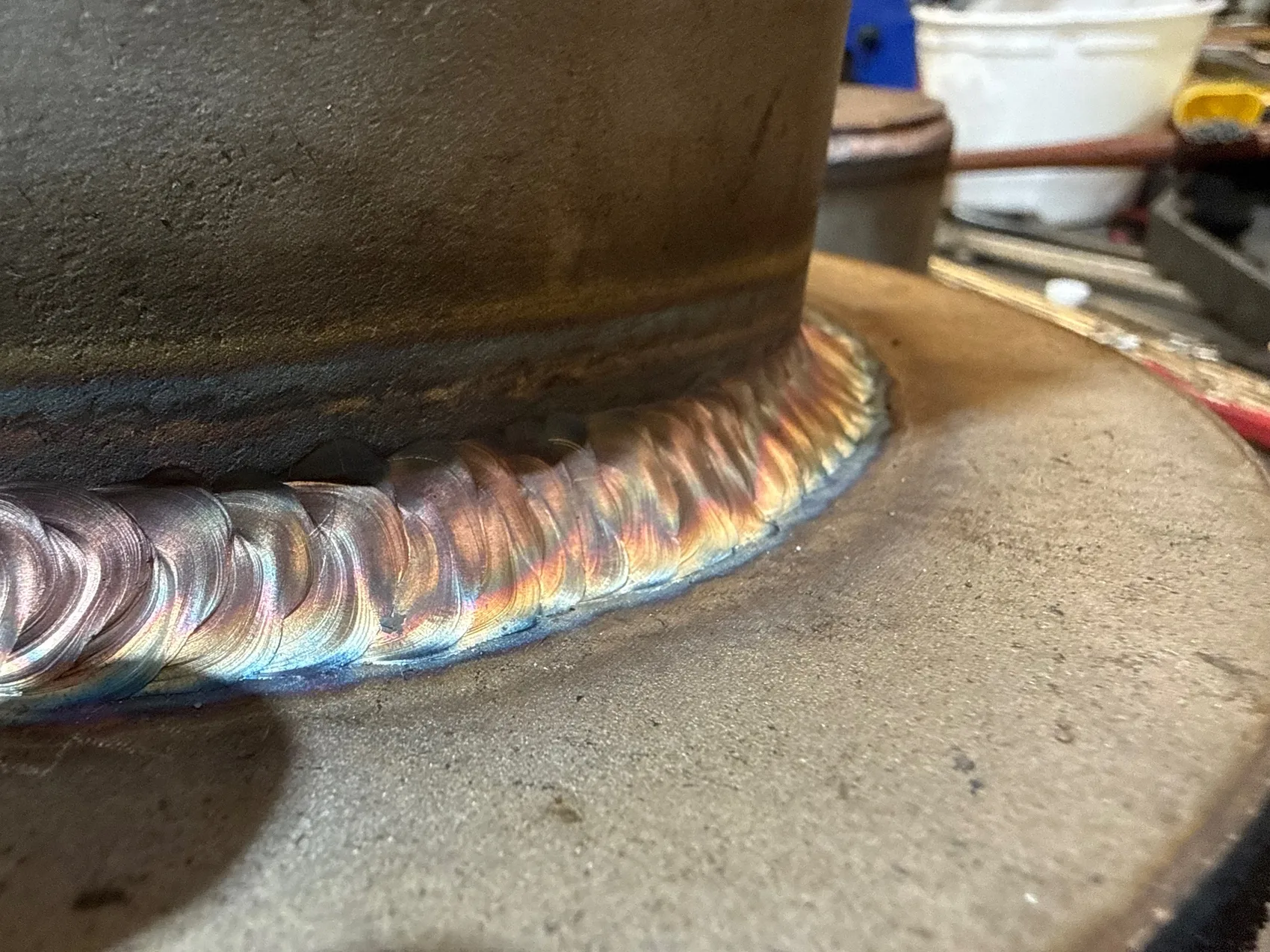 Rainbow-temper TIG weld bead, up close