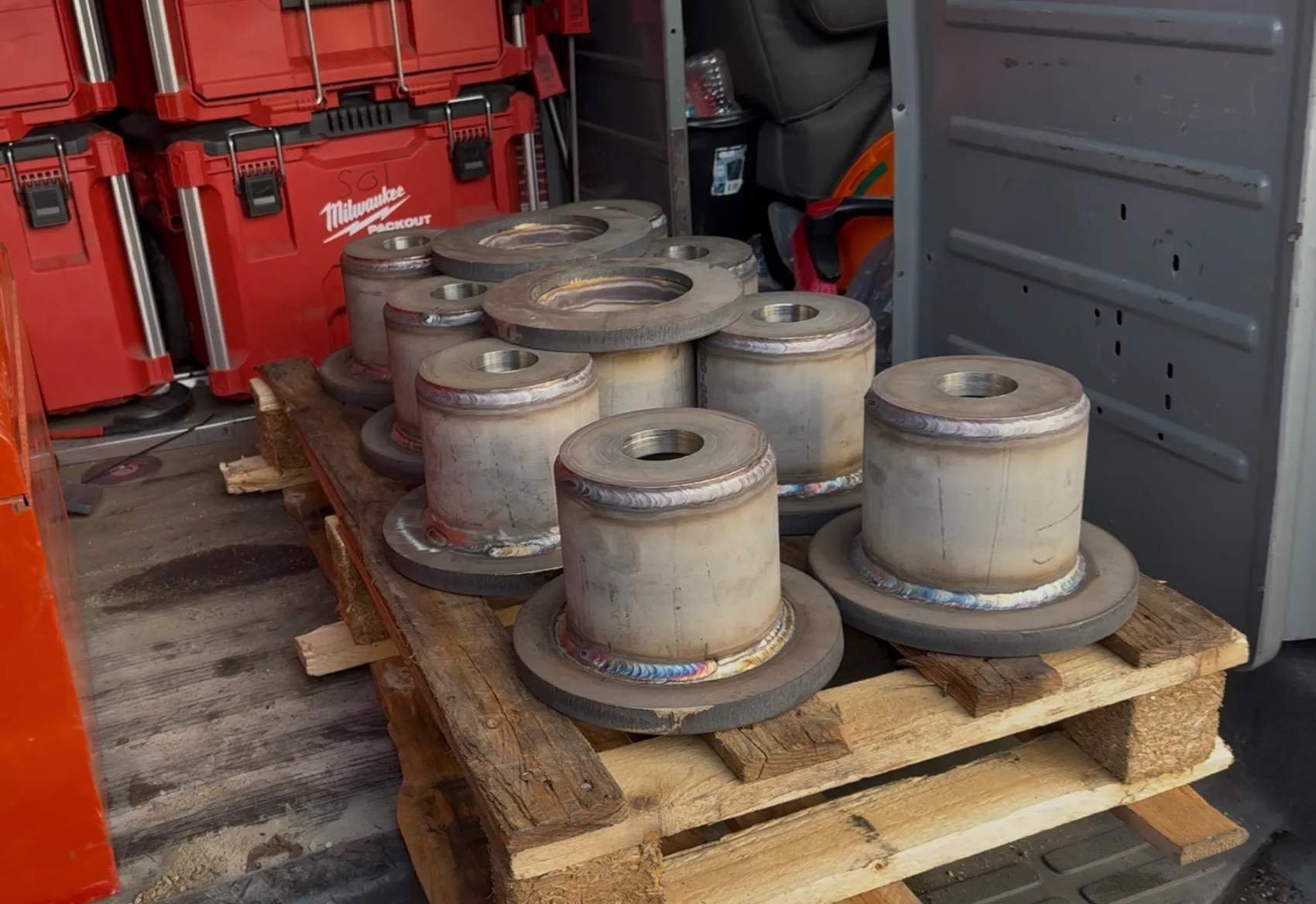 Stainless pulleys palletized for delivery
