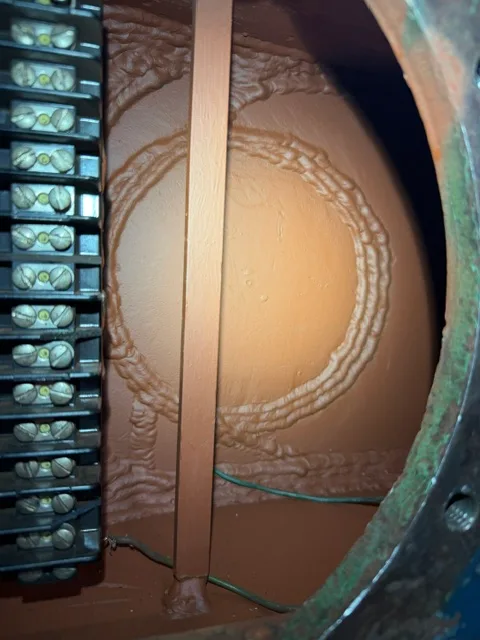 Circular bore weld build-up inside the cradle housing - the running surface restored so the 4-ton assembly seats true again.